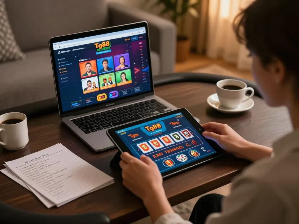 Person enjoying gameplay on Tg88.com at home, focused on tablet with casino interface.