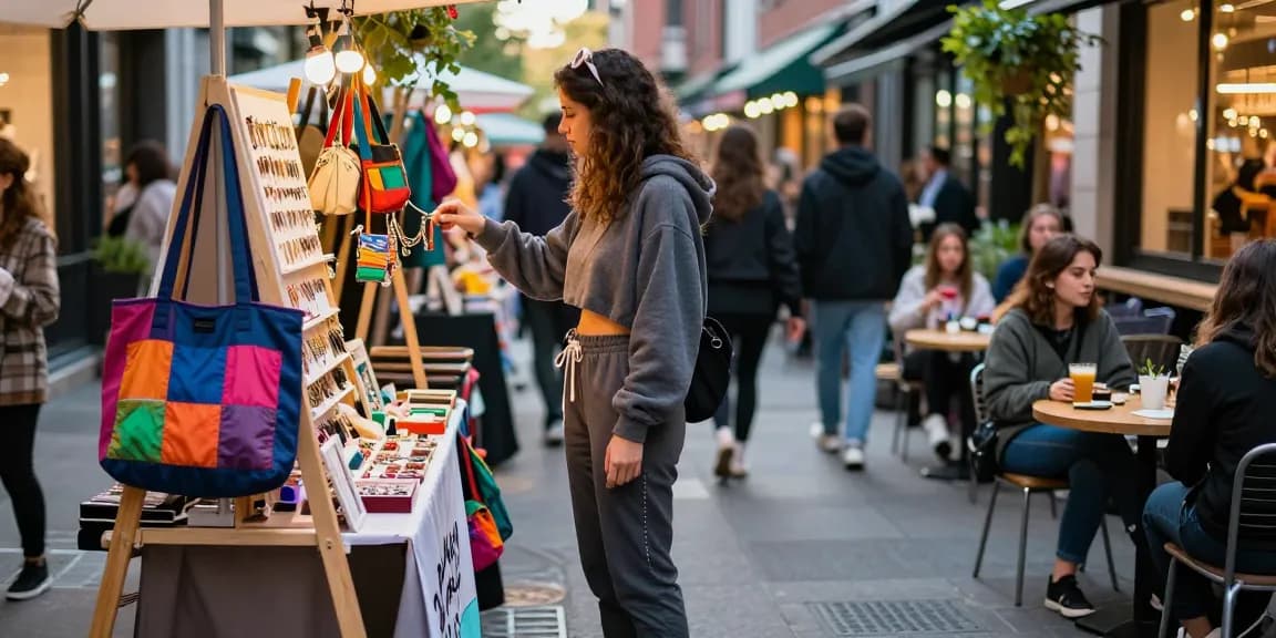 Shopping at a trendy 레플리카 쇼핑몰 pop-up market featuring stylish accessories in an urban setting.