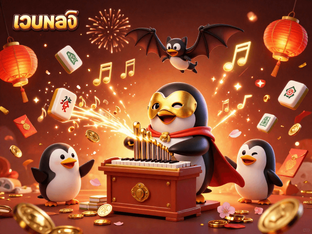 Engage with เว็บตรง slots while enjoying a vibrant scene of a penguin organist and festive elements.