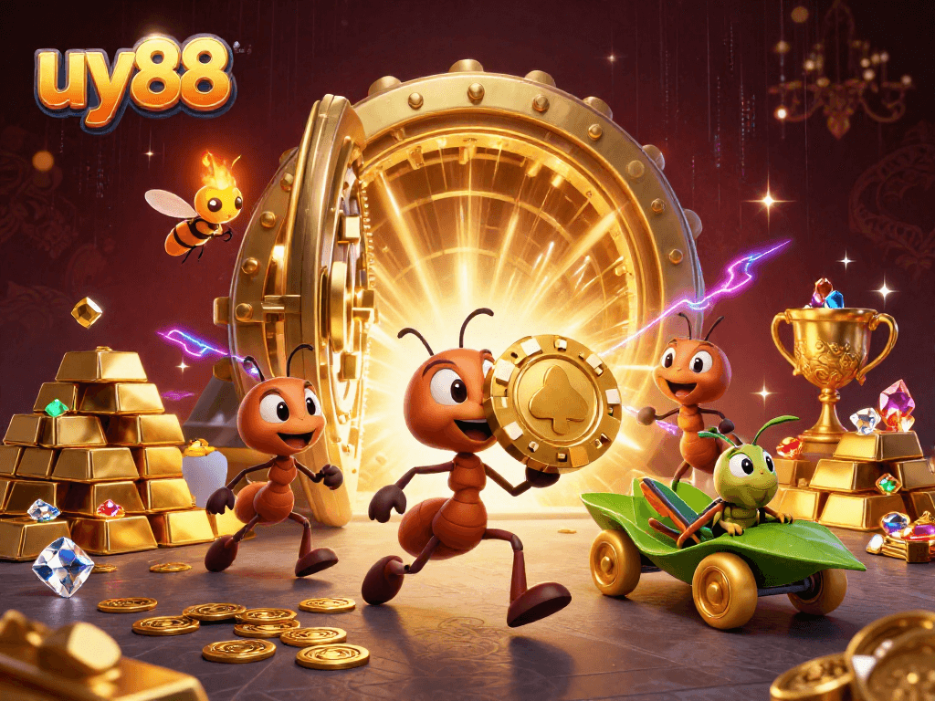 Experience exciting heist action with uy88 as ants carry a massive golden poker chip in a dynamic gambling scene.