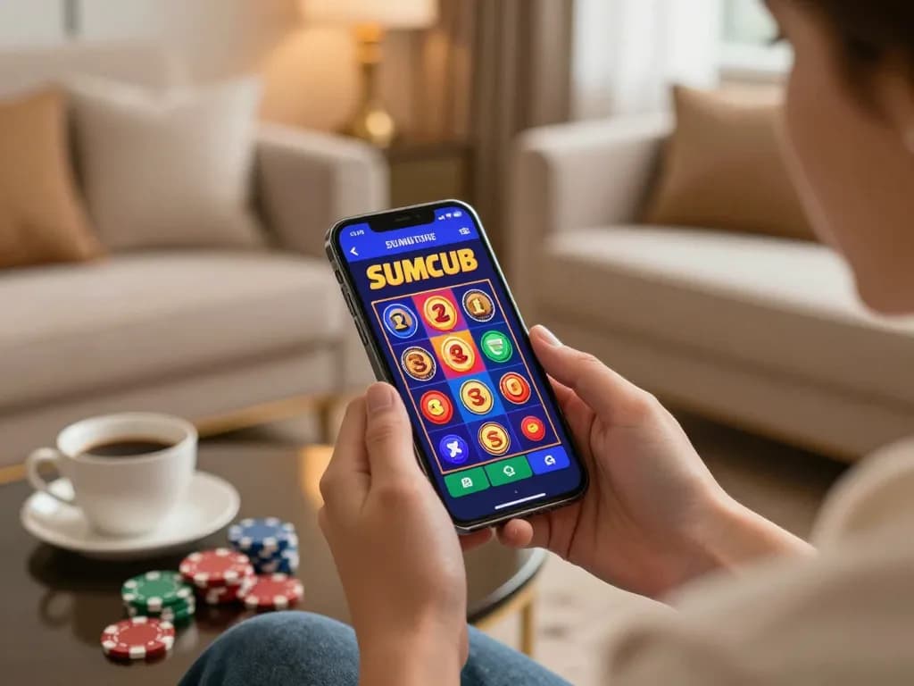 Engaging in mobile gambling at Sumclub with vibrant casino app on display in a cozy home setting.