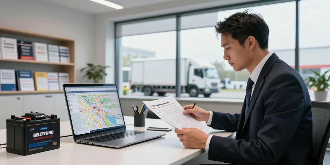 Batterie Transport von Dortmund in einem modernen Logistikbüro mit professionellen Transportdokumenten.