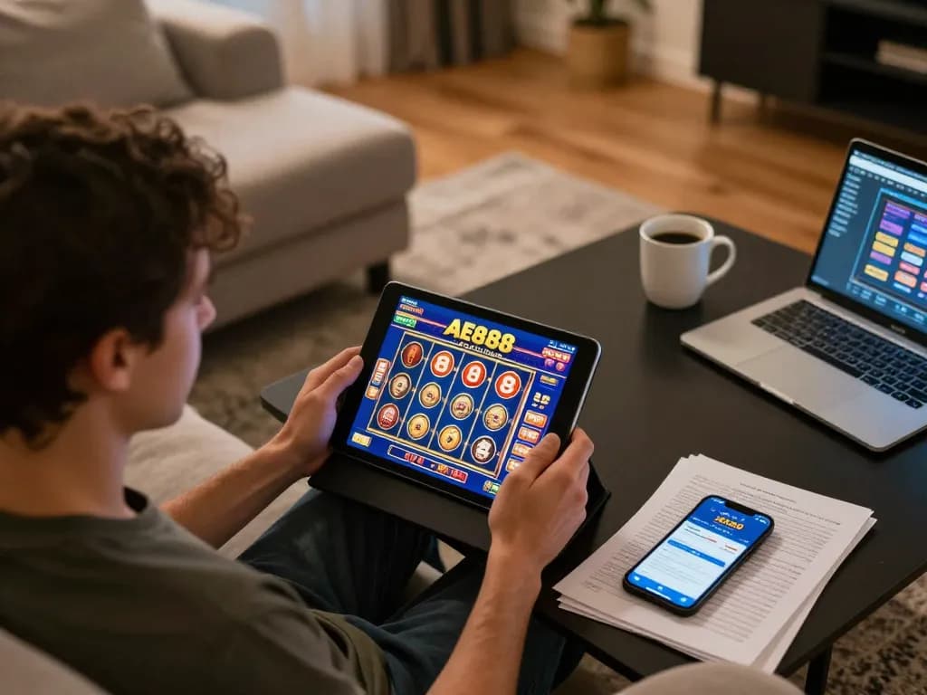 Engaging gameplay on AE888 TRANG CHỦ casino app, showcasing a player using a tablet during a cozy home session.