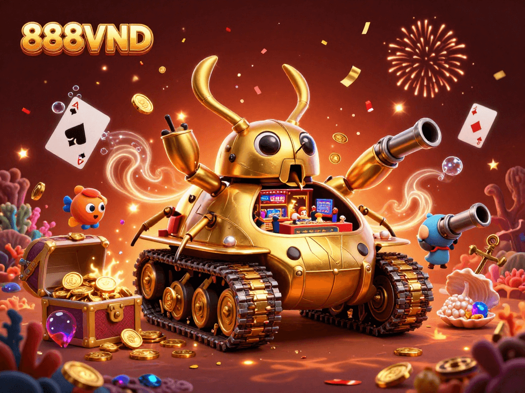 Experience 888VND's vibrant casino world with a golden beetle tank in this lively 3D illustration.