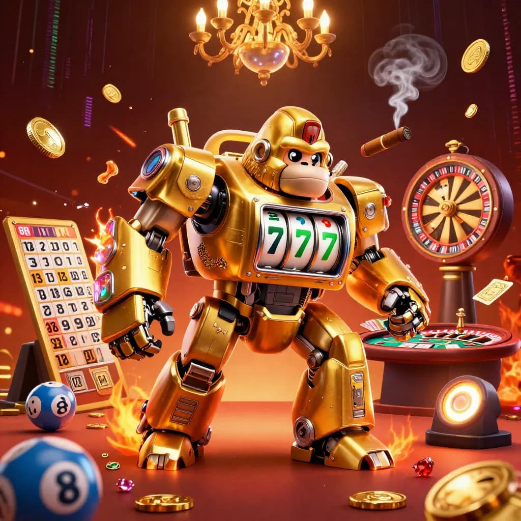 Golden gorilla mech and monkey pilot amid a glowing casino scene with wheels, cards and embers.