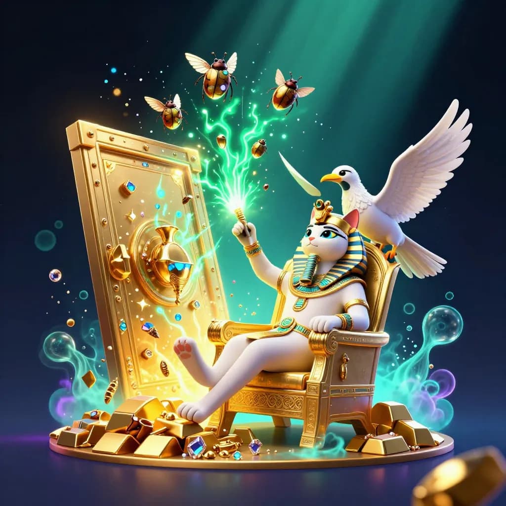 Pharaoh cat, ibis scribe and gem-wing scarabs burst from a golden vault in neon casino light.