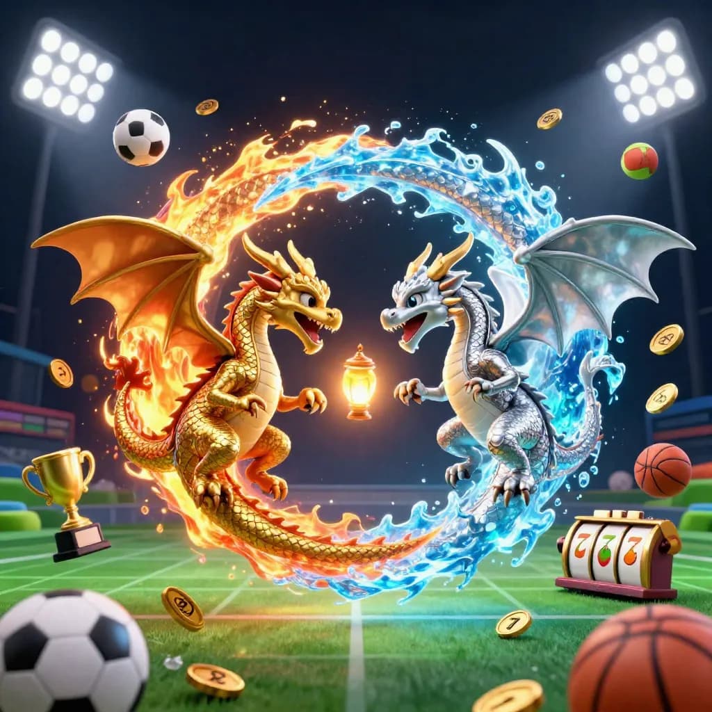 Twin gold and silver dragons swirl amid sports balls, coins and neon casino lights.