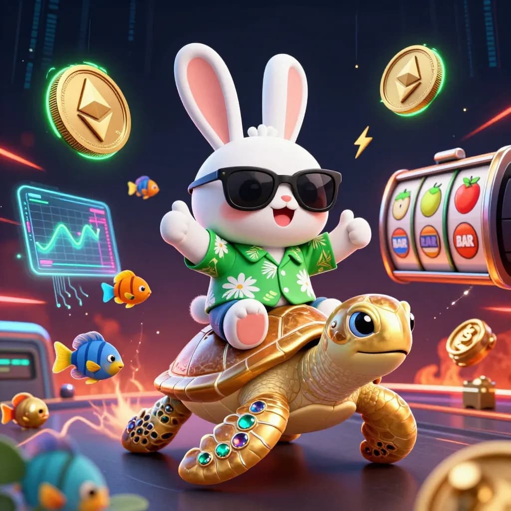 Lucky rabbit on a golden sea turtle with neon crypto coins, green bolts, and tropical fish