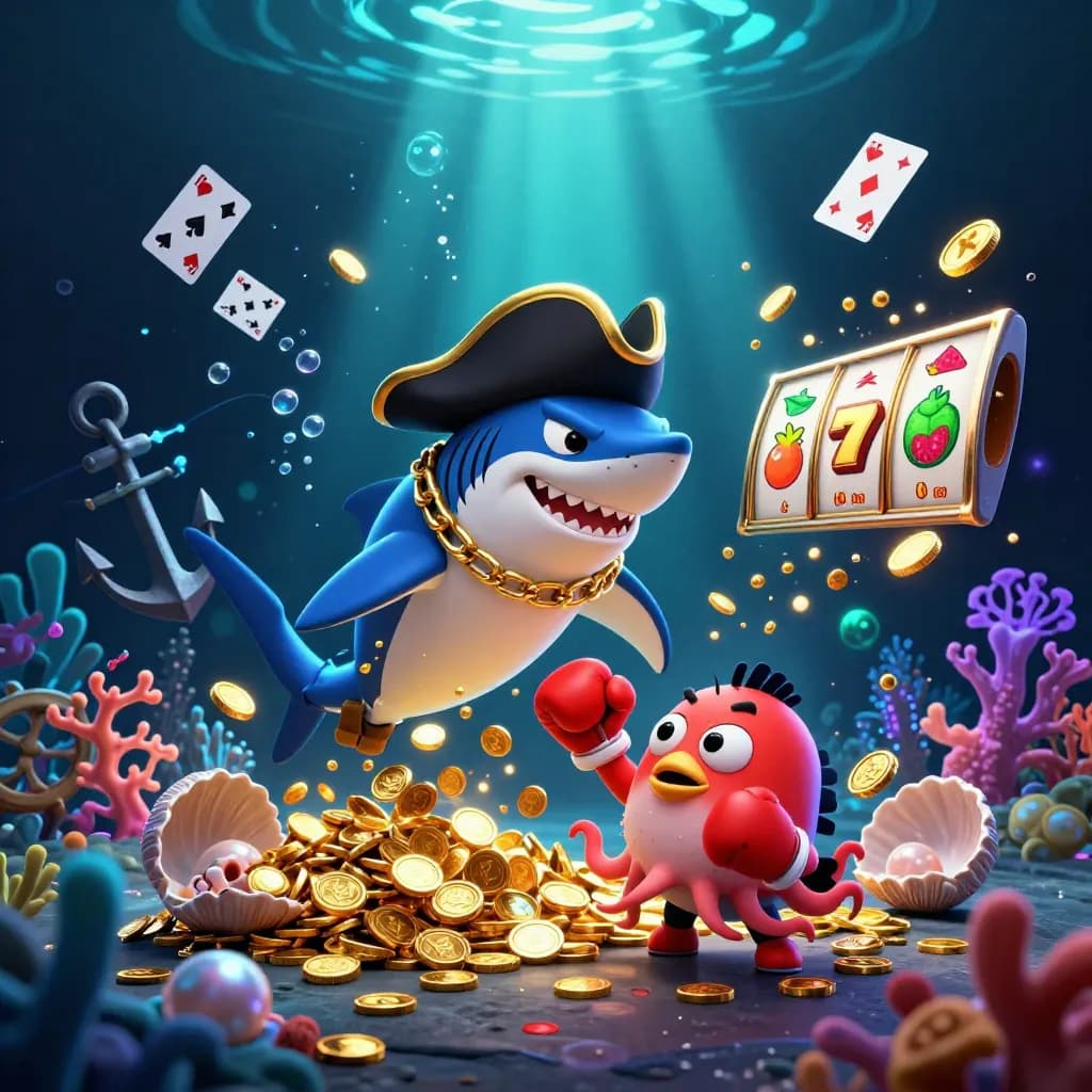 Pirate shark, boxing pufferfish, and juggling octopus in a glowing sunken vault rush.