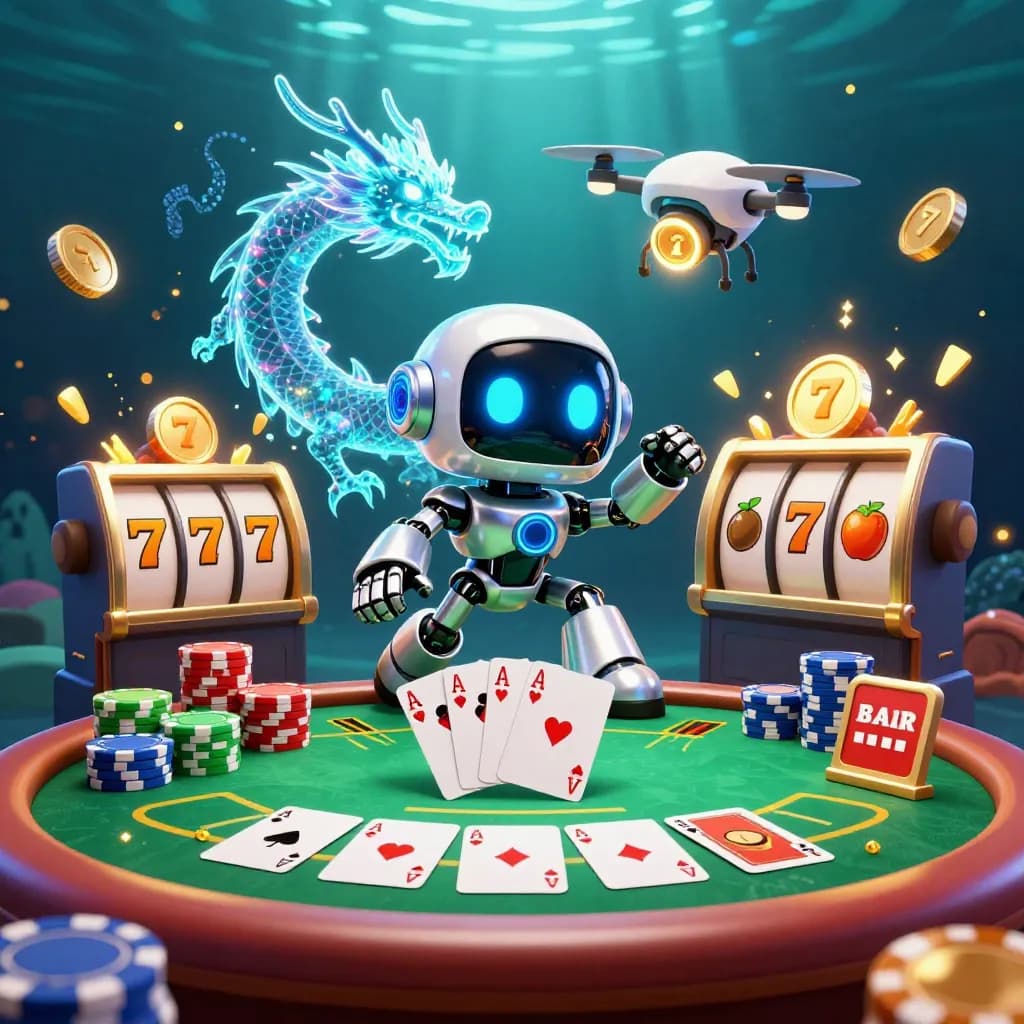Cyberpunk robot, holographic dragon, and drone over poker chips and cards in neon green casino style.