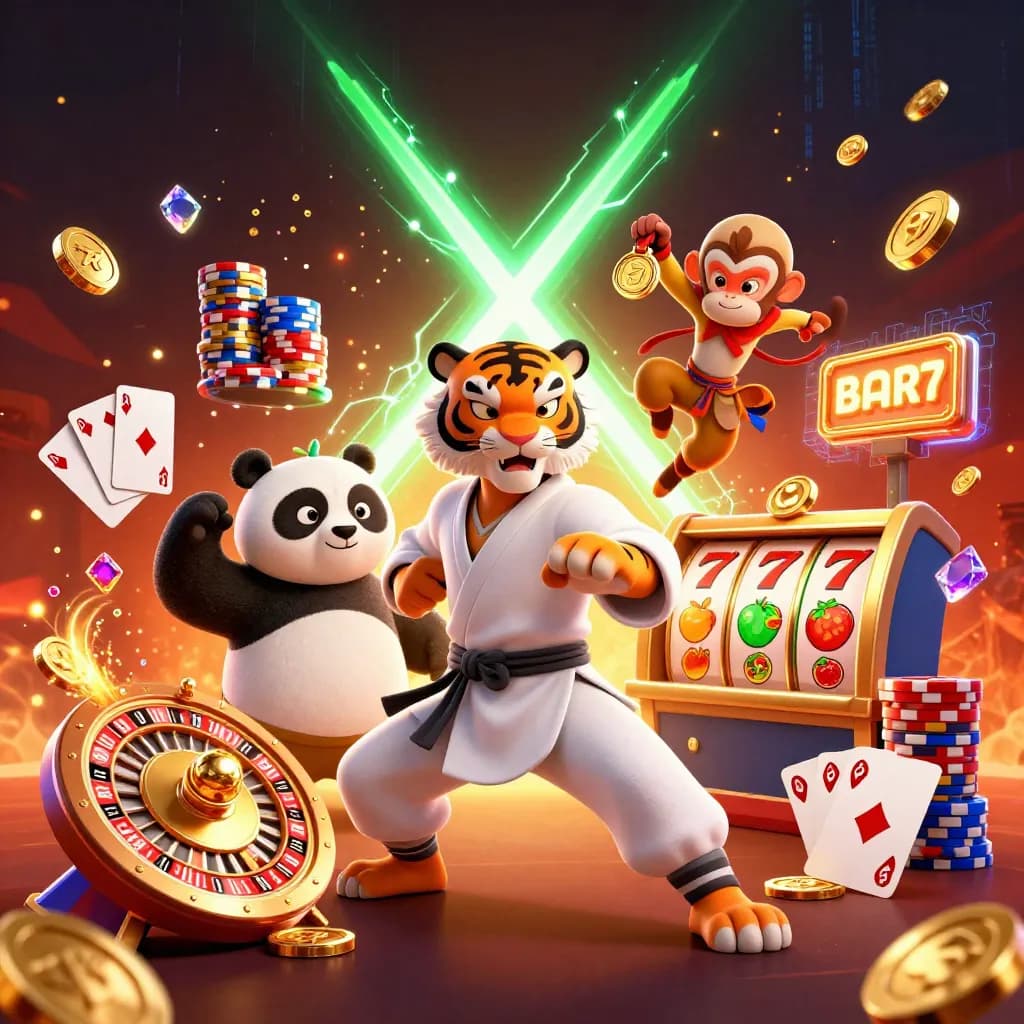 Tiger, panda, and monkey in a neon casino kung-fu splash with coins, cards, and glowing reels