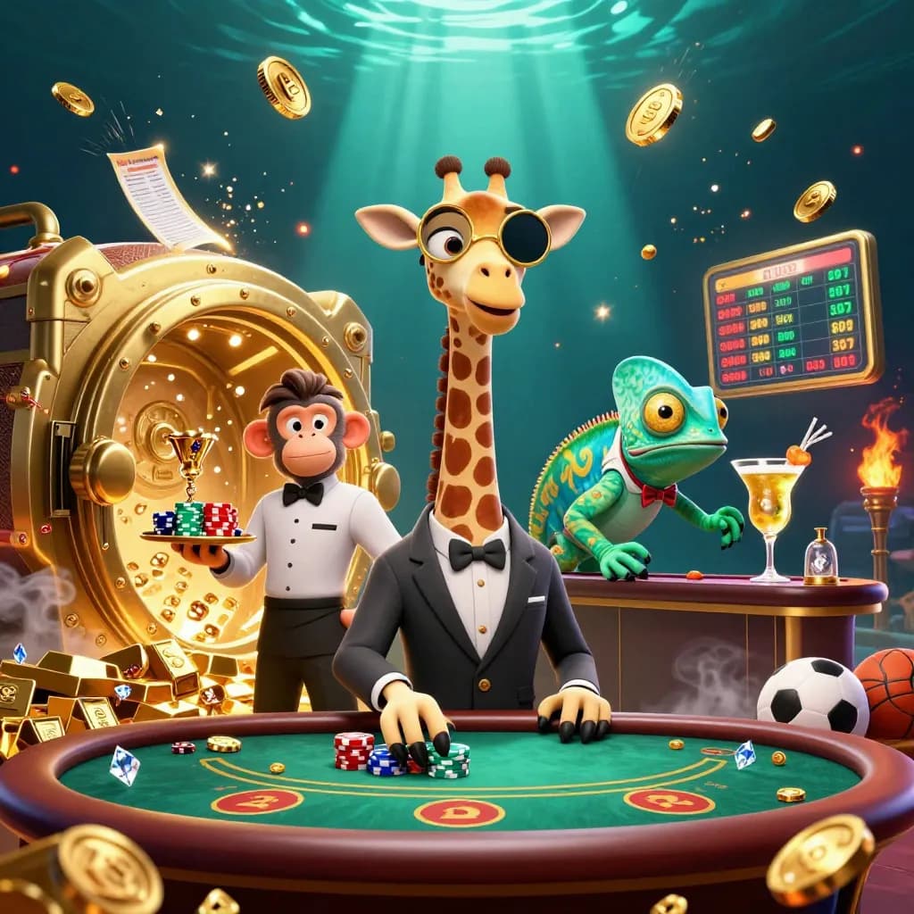 Giraffe, monkey, and chameleon celebrate amid a bursting gold vault and casino riches.