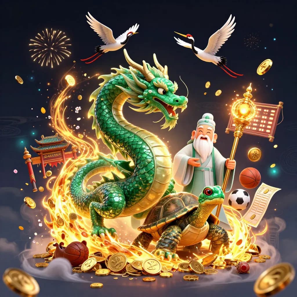 Emerald dragon, turtle sage, and cranes burst through coins, fire, and a temple vault.