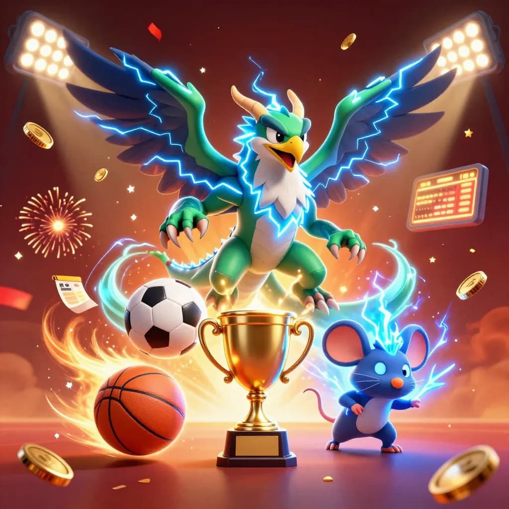 Thunder dragon, wind hawk, and static mouse amid coins, balls, trophy, fireworks, and sparks.