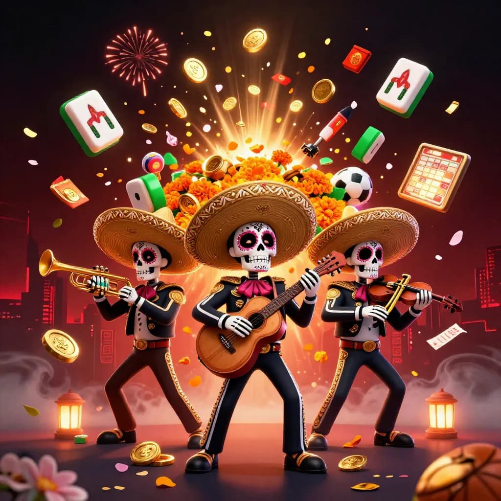 Skeleton mariachi trio amid bursting gold coins, vault sparks, lanterns, and betting props in a neon casino scene