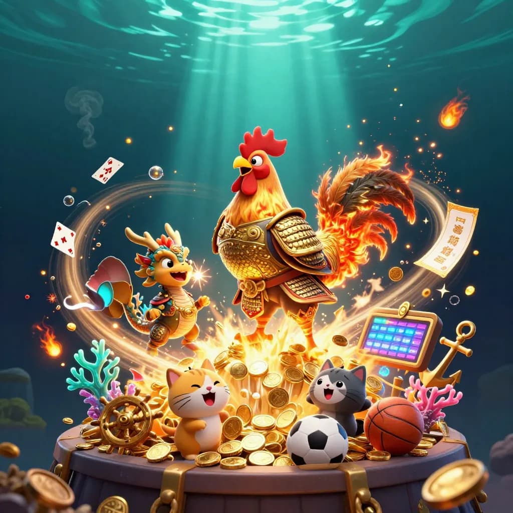 Rooster warrior, spark-breathing dragon hatchling and fortune cat amid coin showers and underwater treasure.