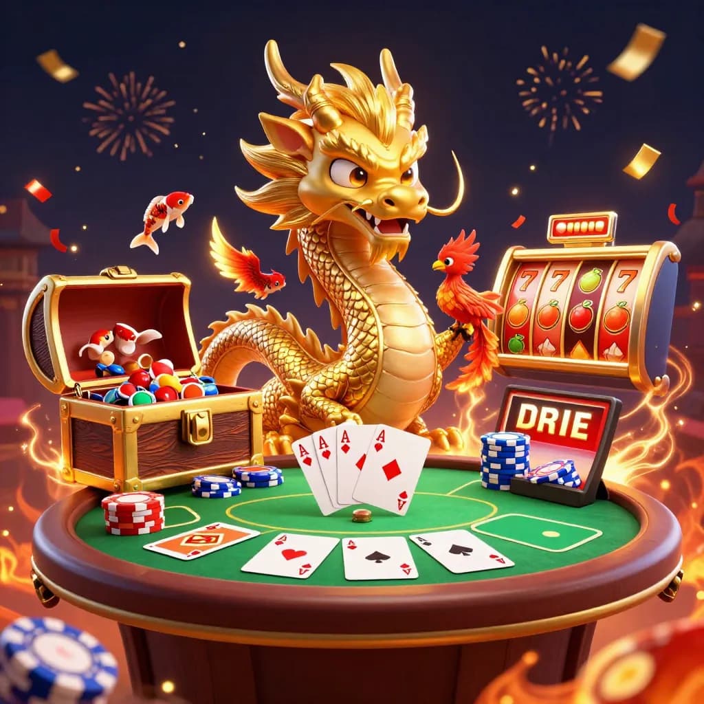 Golden dragon with phoenix and koi, casino chips, cards, and reels in fiery navy-gold glow