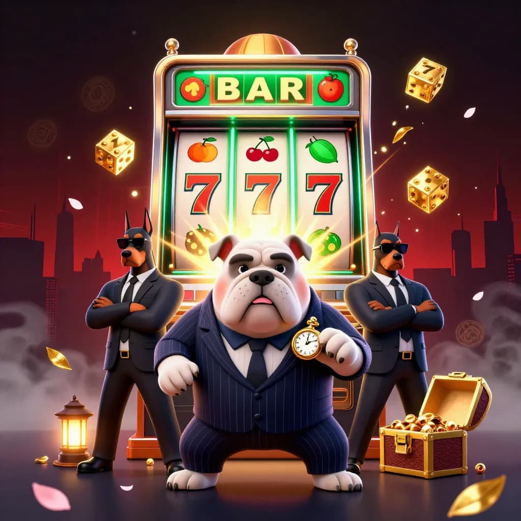 Bulldog mob boss and Dobermans burst from a slot machine amid gold, dice, and neon glow.