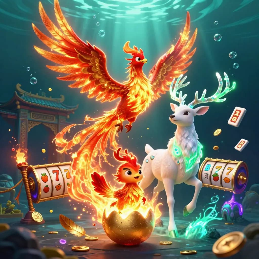 Phoenix, baby phoenix, and crystal stag in a neon underwater casino fantasy burst.