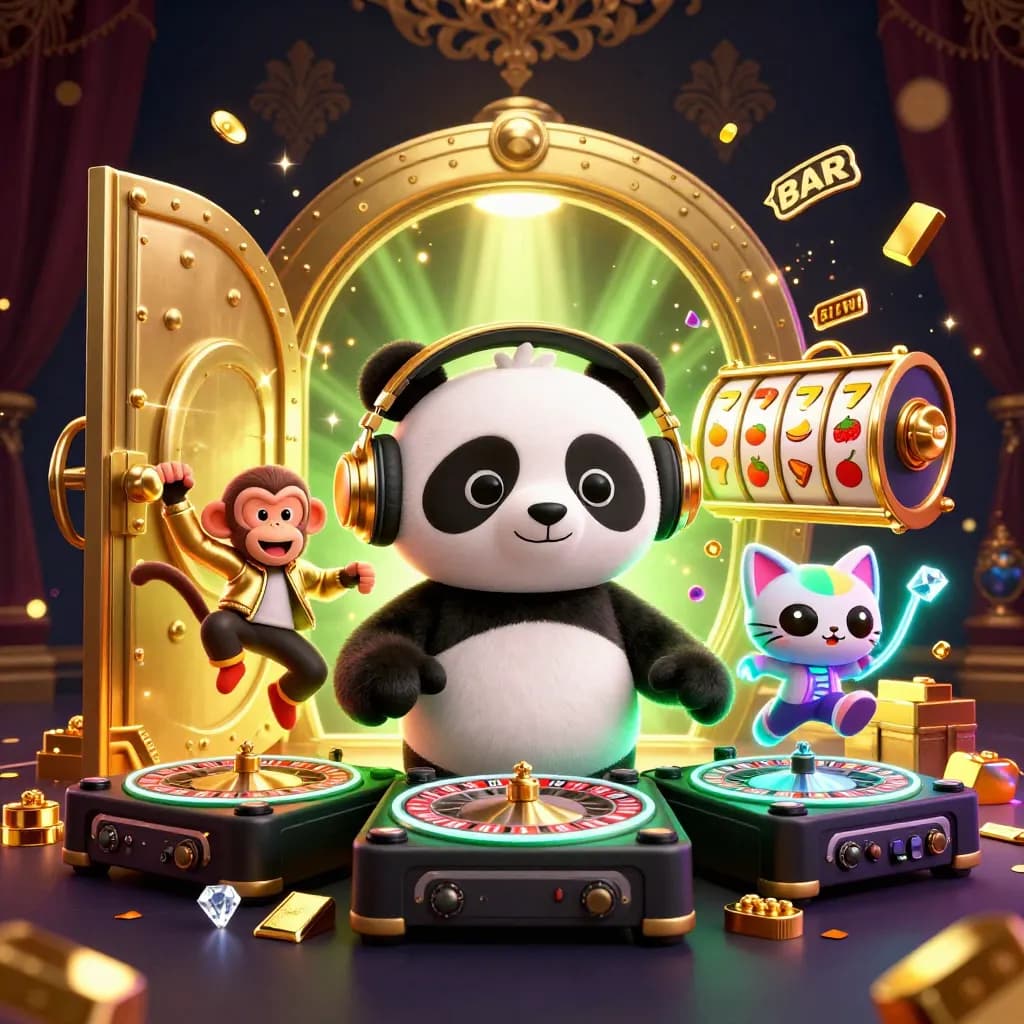 DJ panda, breakdancing monkey, and glow-stick kitten amid a vault of gold and casino sparks
