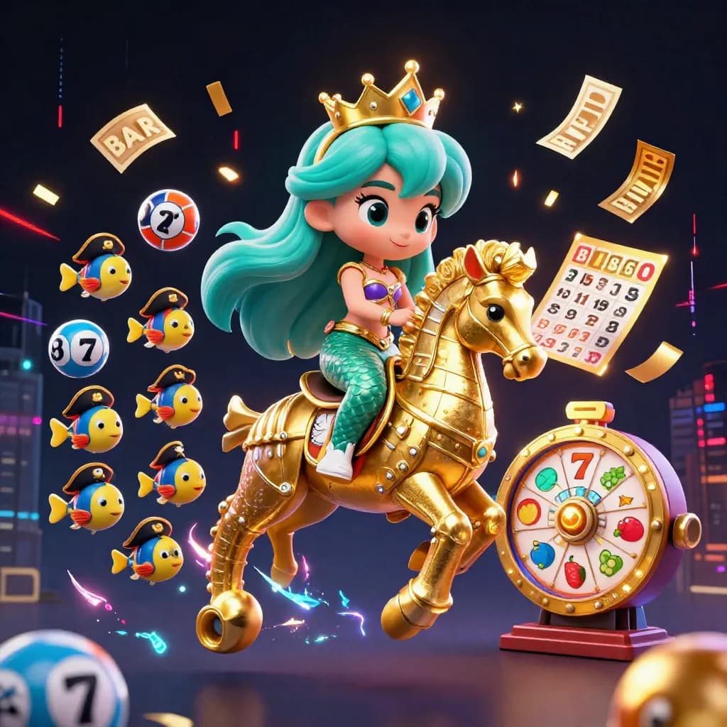 Turquoise-haired mermaid on a gold seahorse with fish, casino reels, bingo card and neon energy.