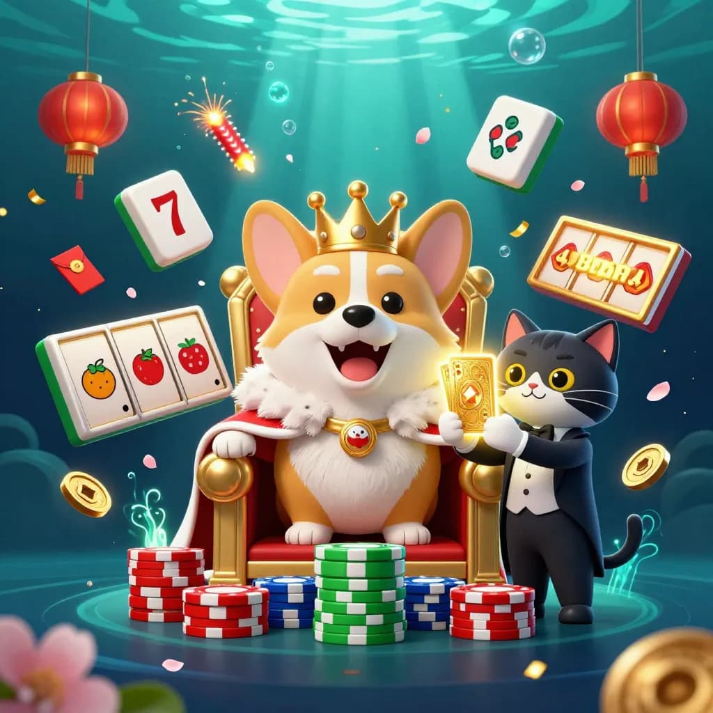 Royal corgi on chip throne with cat butler, casino symbols swirling in glowing underwater light.