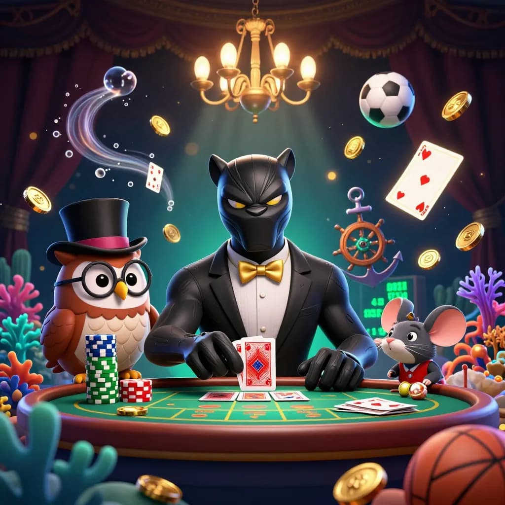Panther, owl, and mouse amid casino treasure, coins, coral, cards, and glowing sports props.