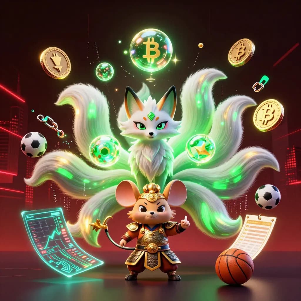 Neon fox spirit and samurai mouse amid sports and crypto symbols in a dark casino scene.