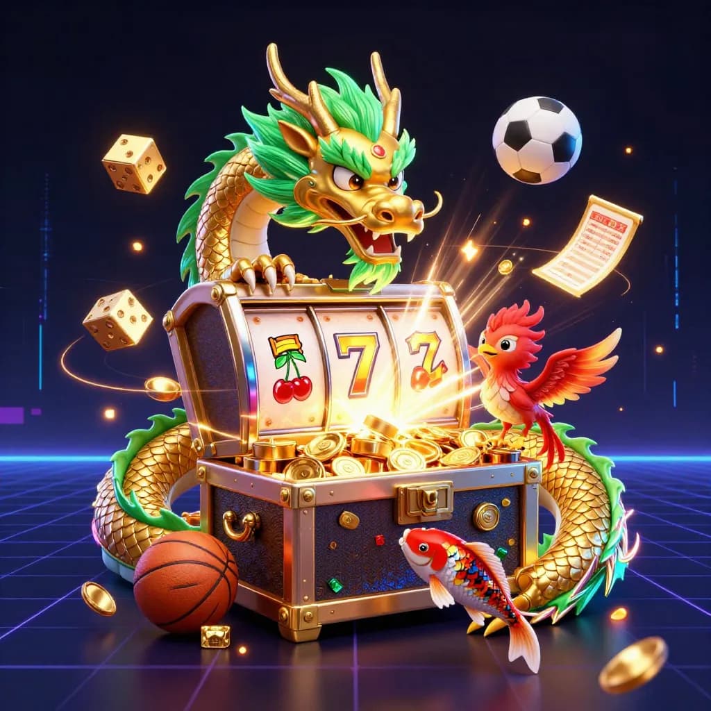 Golden dragon, phoenix, koi and casino treasure exploding in a neon sports-betting scene.