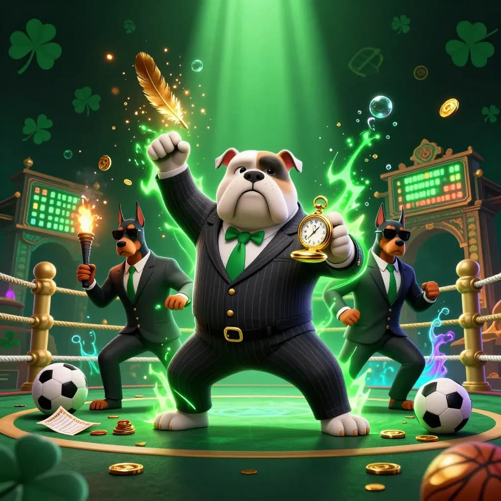 Neon casino key art: bulldog boss and Doberman guards in a glowing temple fight ring.