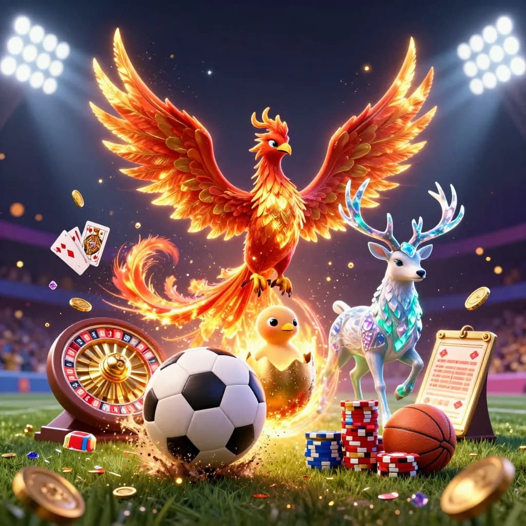 Phoenix, stag, and casino props around a flying soccer ball in a neon fantasy splash scene