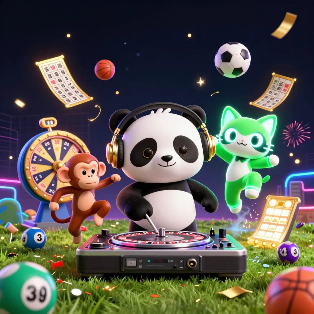 Cartoon panda DJ, monkey, and kitten amid flying balls, tickets, and neon sports energy.