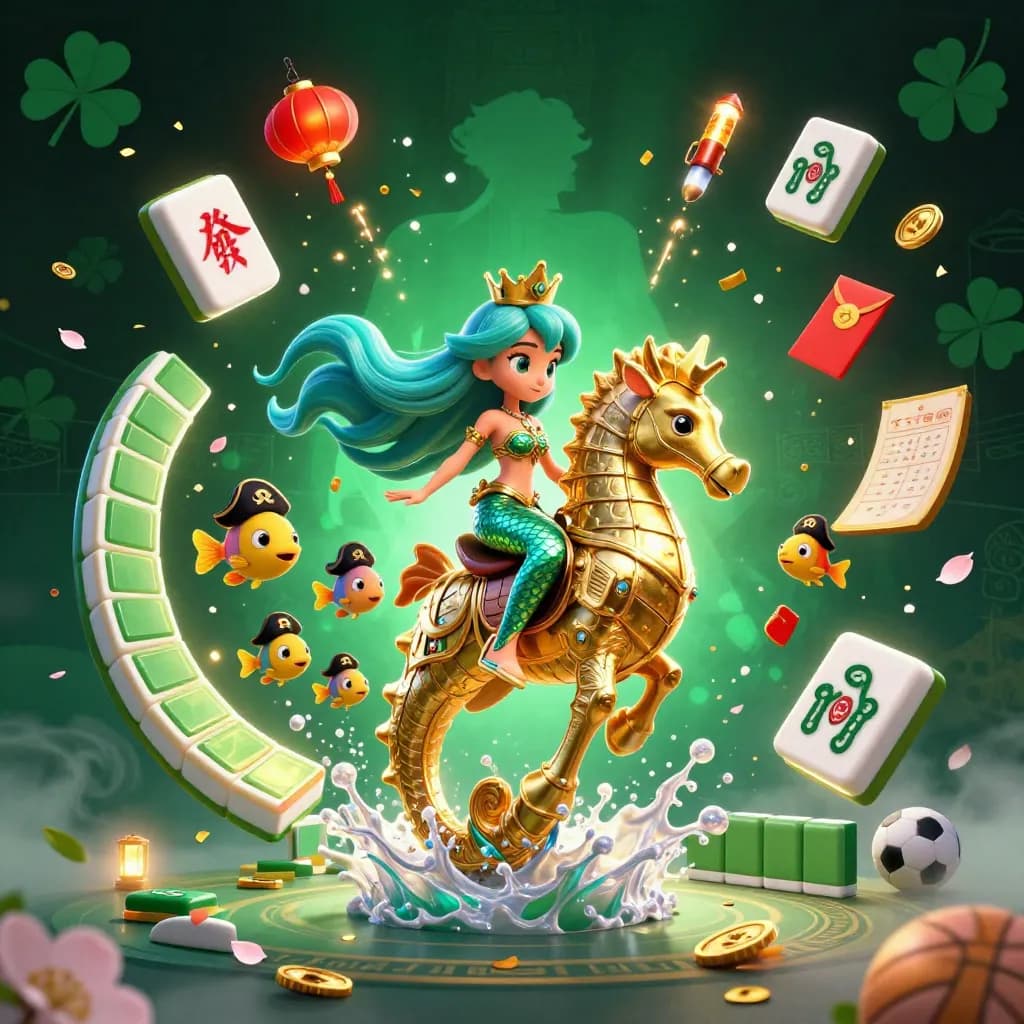 Mermaid princess on armored seahorse amid pirate fish, lanterns, coins, and casino props.