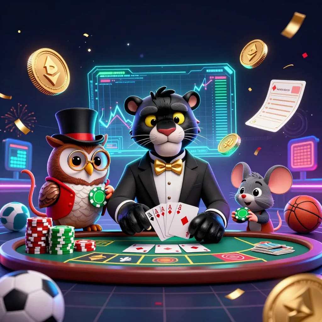 Panther, owl and mouse amid crypto coins, chips, ball, and neon sports betting energy.
