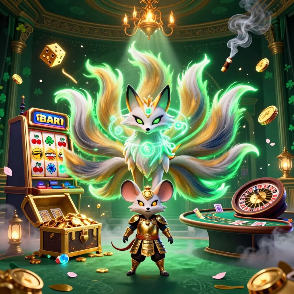 Nine-tailed fox spirit and armored mouse amid casino magic, slots, dice, treasure, and glowing relics.