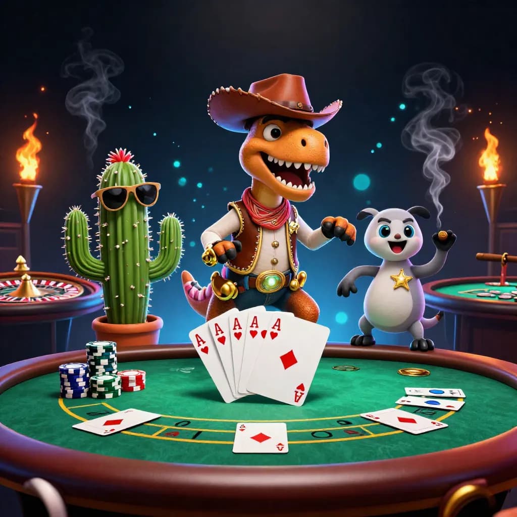 Cartoon cowboy T-Rex, cactus, and roadrunner in a glowing casino scene