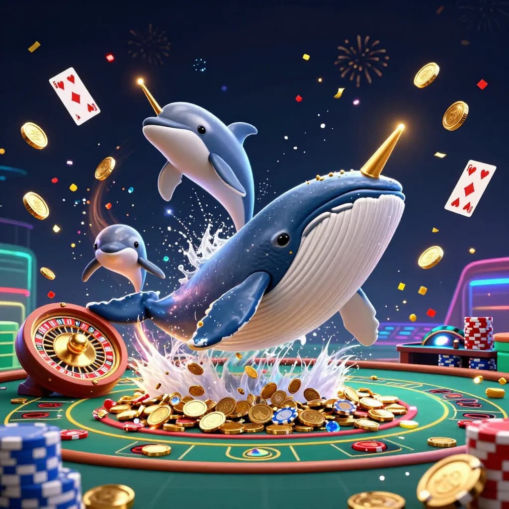 Whale captain, narwhal, and dolphins amid coins, gems, and glowing casino action.