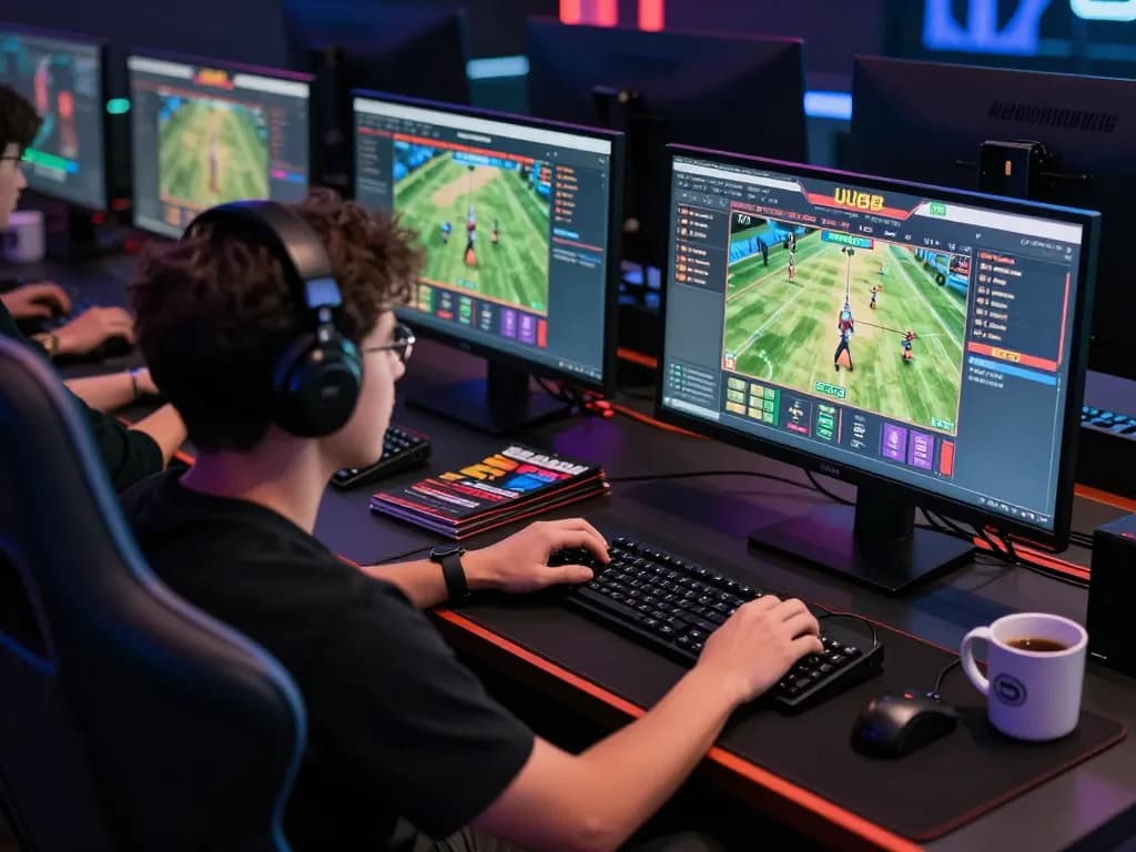 UU88 player strategizing bets on multiple gaming screens, showcasing intense online gambling environment