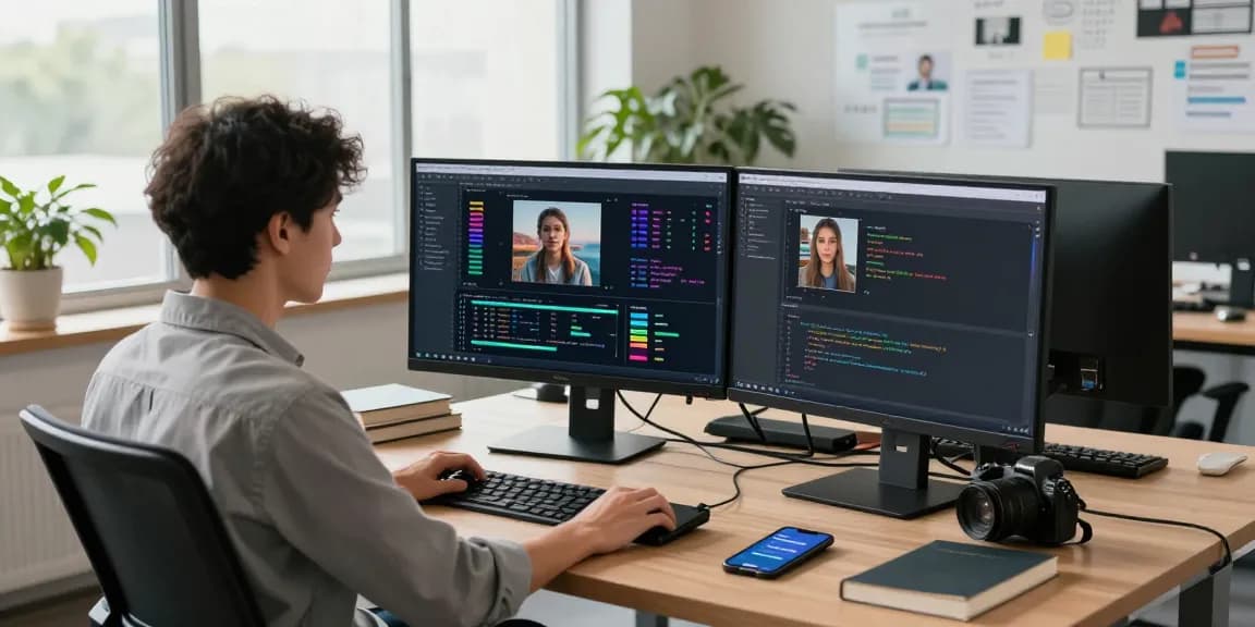 AI image checker interface on dual monitors in a modern tech workspace