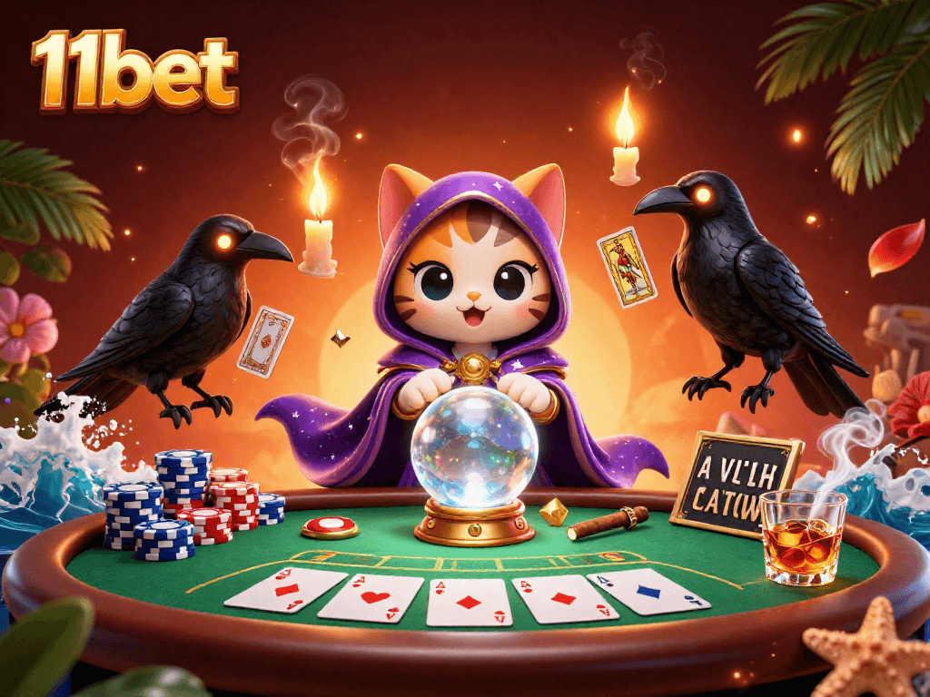 Engage with the exciting 11bet poker scene featuring a mystical cat and raven.