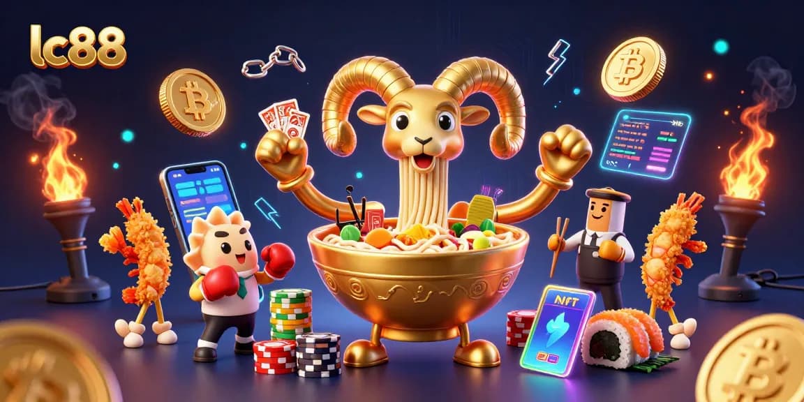 Engage with lc88 as the giant ramen bowl deals cards surrounded by vibrant crypto coins and casino elements.