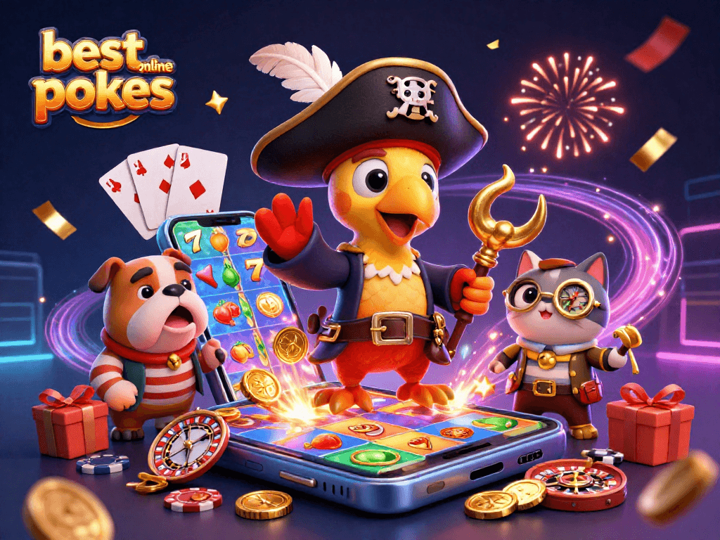 Play the best online pokies with exciting characters and vibrant casino elements in a dynamic scene.
