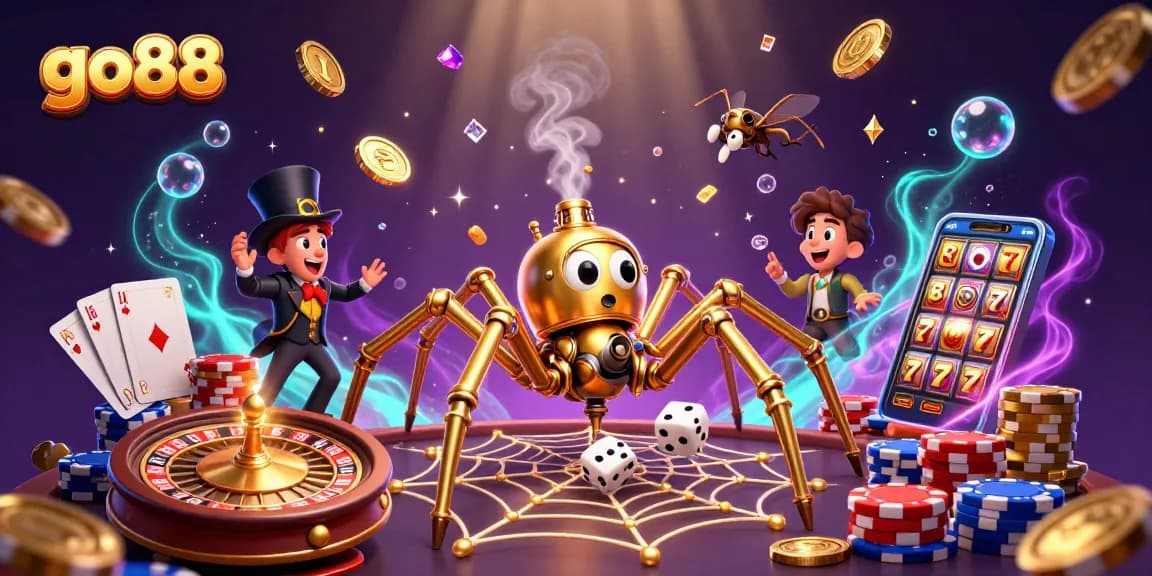 Catch luck at go88 with a steampunk spider webbing golden chains amidst joyful casino fun.
