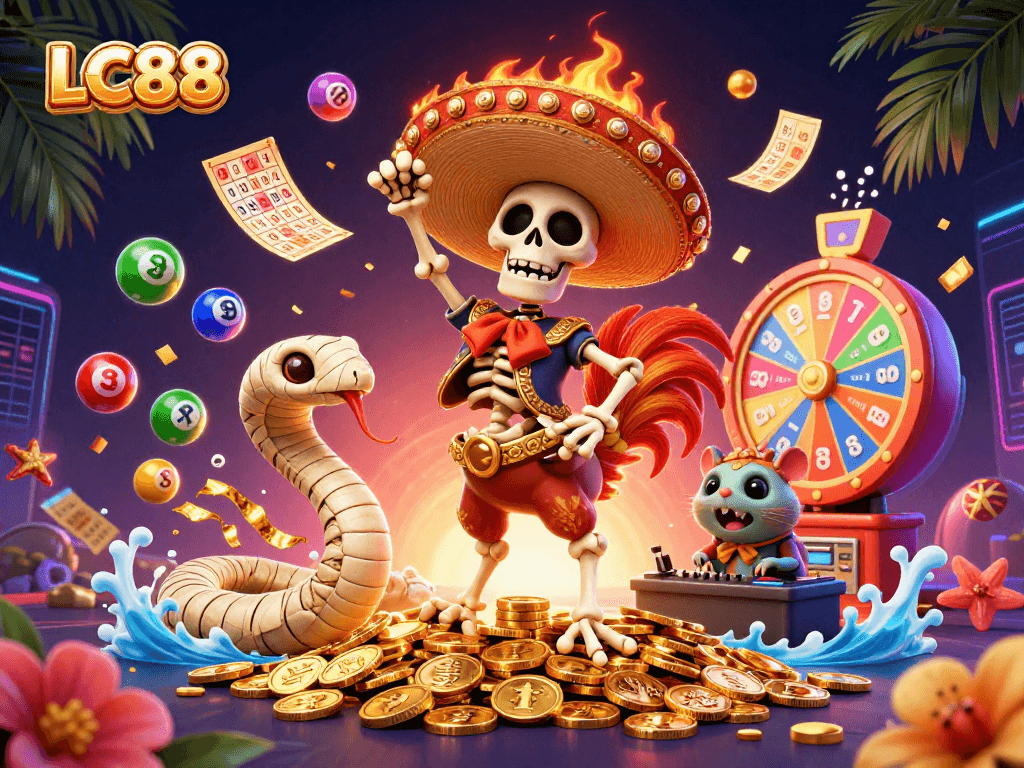 Experience exciting gaming moments with LC88, featuring dynamic characters and lottery elements.