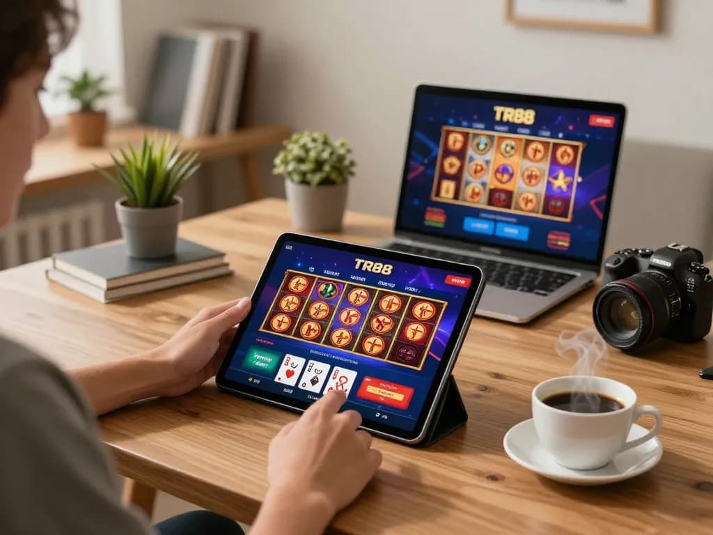 Person using the TR88 app for online gaming in a cozy home setting, showcasing a tablet screen with casino graphics.
