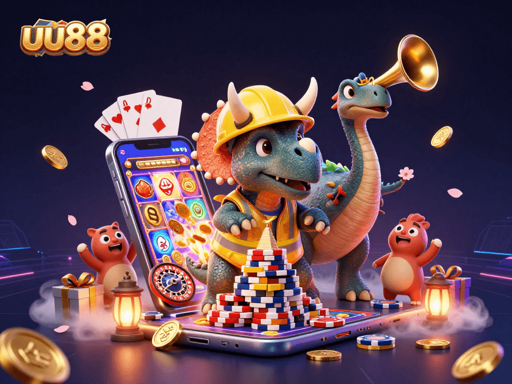 uu88 engages players with a vibrant 3D casino world filled with slots and poker chips.