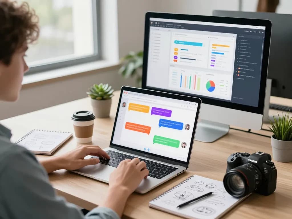 User interacting with spicychat AI chatbot on a touchscreen laptop in a bright modern office setting.