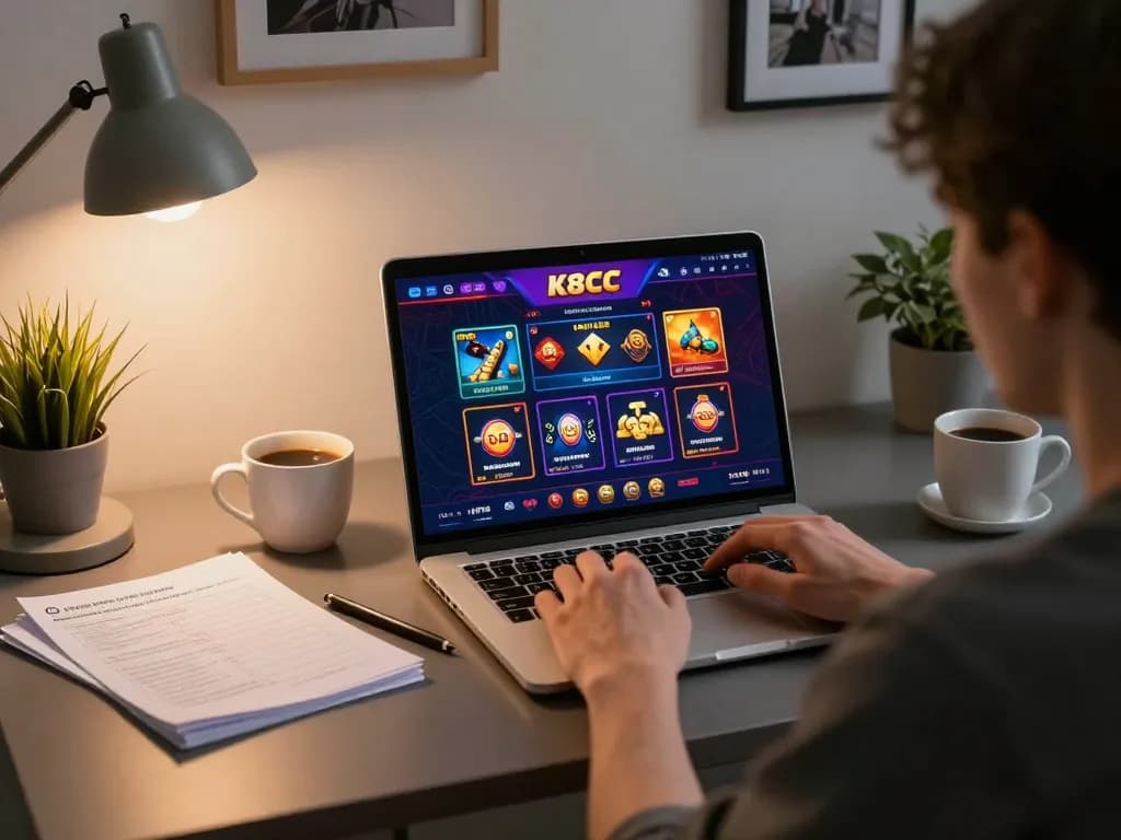 K8CC online gaming experience with a player engaged in casino gameplay at a sleek desk