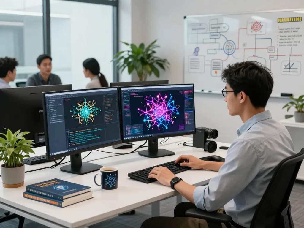 Advanced technology workspace with mind control ai applications, showcasing neural networks and algorithm coding.