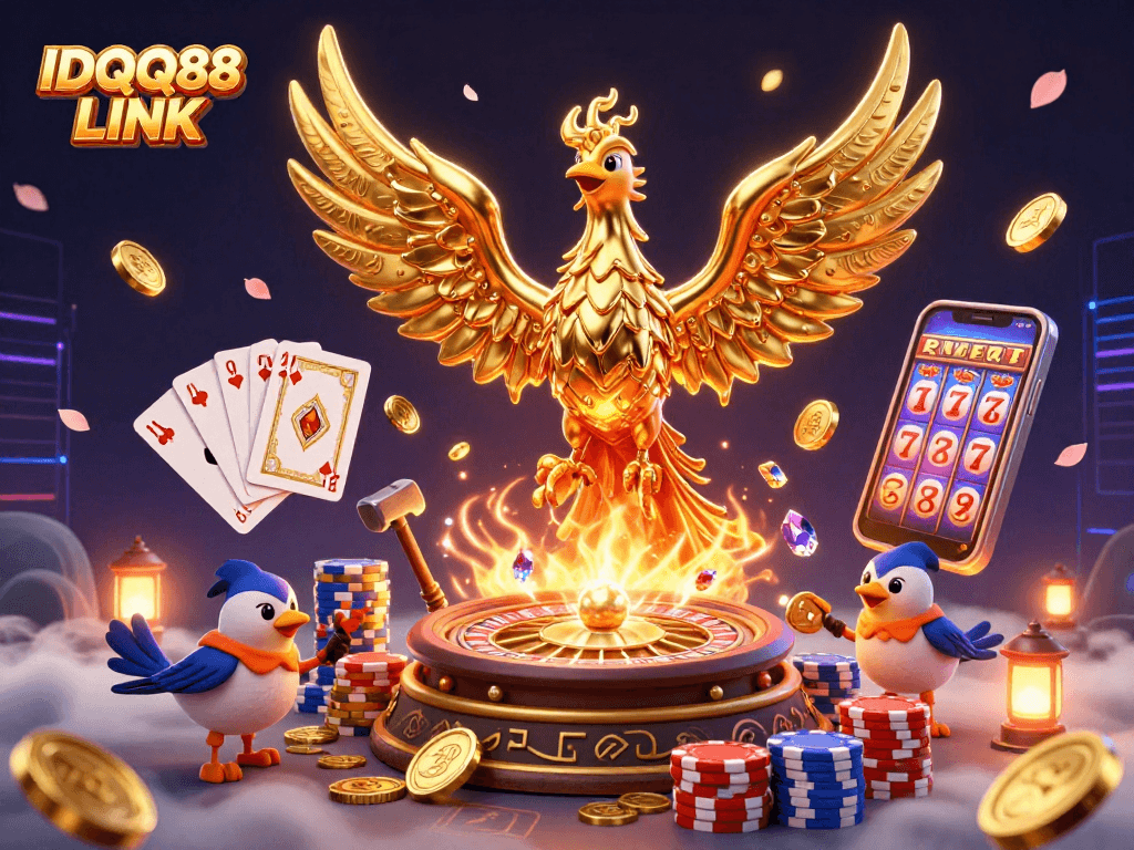 Experience thrilling wins with IDQQ88 LINK as a golden phoenix rises, symbolizing fortune in gaming.